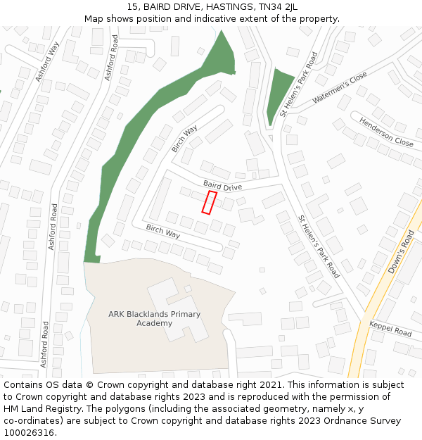 15, BAIRD DRIVE, HASTINGS, TN34 2JL: Location map and indicative extent of plot