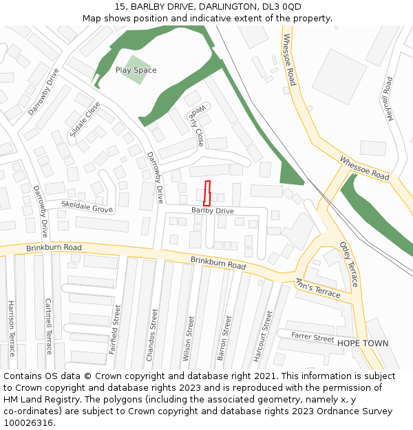 15, BARLBY DRIVE, DARLINGTON, DL3 0QD: Location map and indicative extent of plot