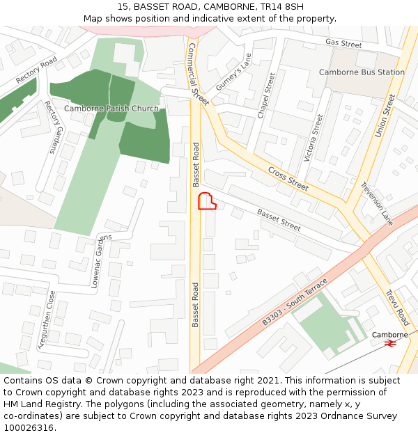 15, BASSET ROAD, CAMBORNE, TR14 8SH: Location map and indicative extent of plot