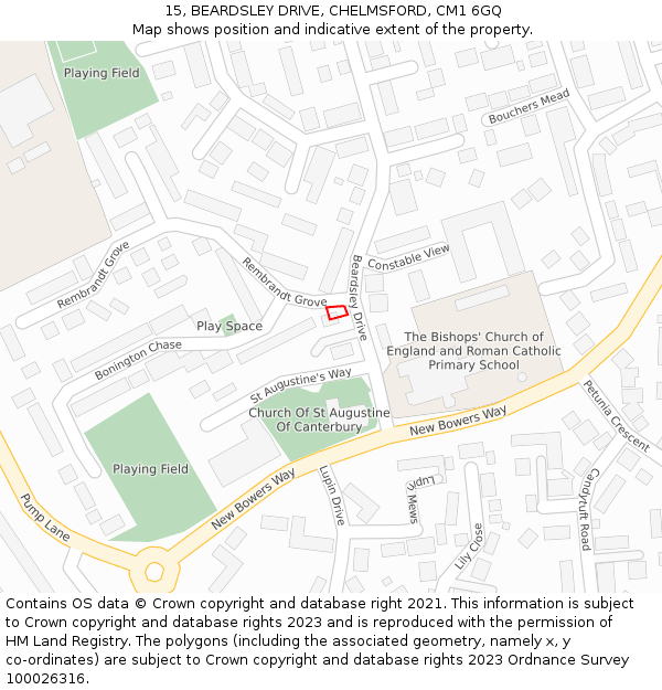 15, BEARDSLEY DRIVE, CHELMSFORD, CM1 6GQ: Location map and indicative extent of plot