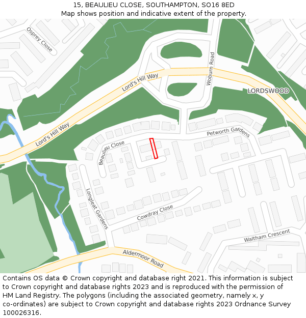 15, BEAULIEU CLOSE, SOUTHAMPTON, SO16 8ED: Location map and indicative extent of plot