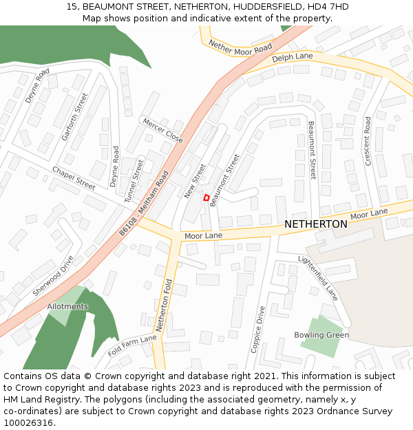 15, BEAUMONT STREET, NETHERTON, HUDDERSFIELD, HD4 7HD: Location map and indicative extent of plot