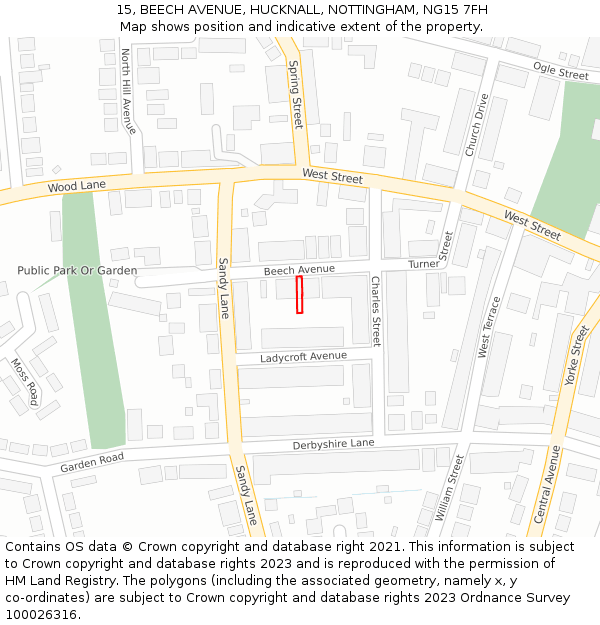 15, BEECH AVENUE, HUCKNALL, NOTTINGHAM, NG15 7FH: Location map and indicative extent of plot