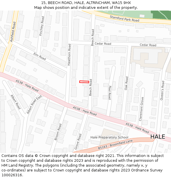 15, BEECH ROAD, HALE, ALTRINCHAM, WA15 9HX: Location map and indicative extent of plot
