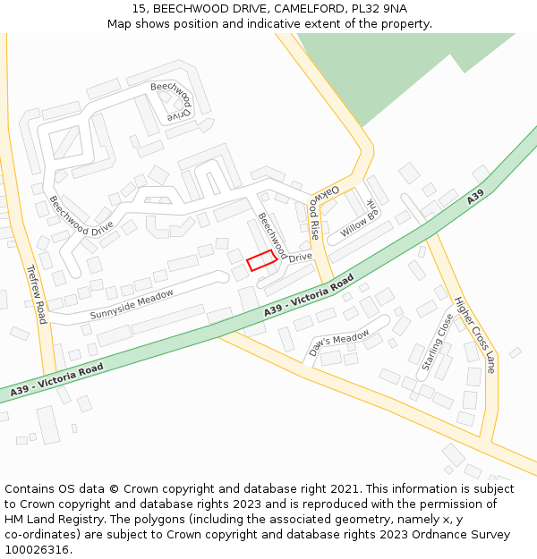 15, BEECHWOOD DRIVE, CAMELFORD, PL32 9NA: Location map and indicative extent of plot