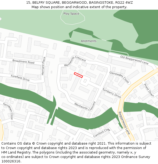 15, BELFRY SQUARE, BEGGARWOOD, BASINGSTOKE, RG22 4WZ: Location map and indicative extent of plot