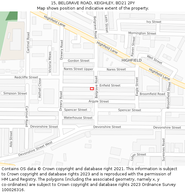 15, BELGRAVE ROAD, KEIGHLEY, BD21 2PY: Location map and indicative extent of plot