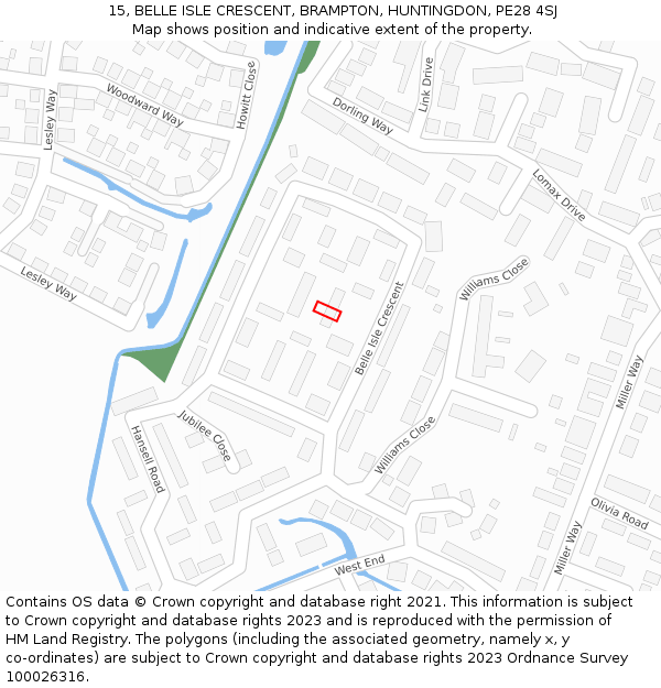 15, BELLE ISLE CRESCENT, BRAMPTON, HUNTINGDON, PE28 4SJ: Location map and indicative extent of plot