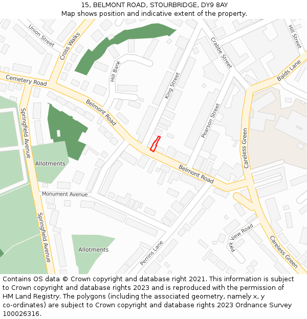 15, BELMONT ROAD, STOURBRIDGE, DY9 8AY: Location map and indicative extent of plot