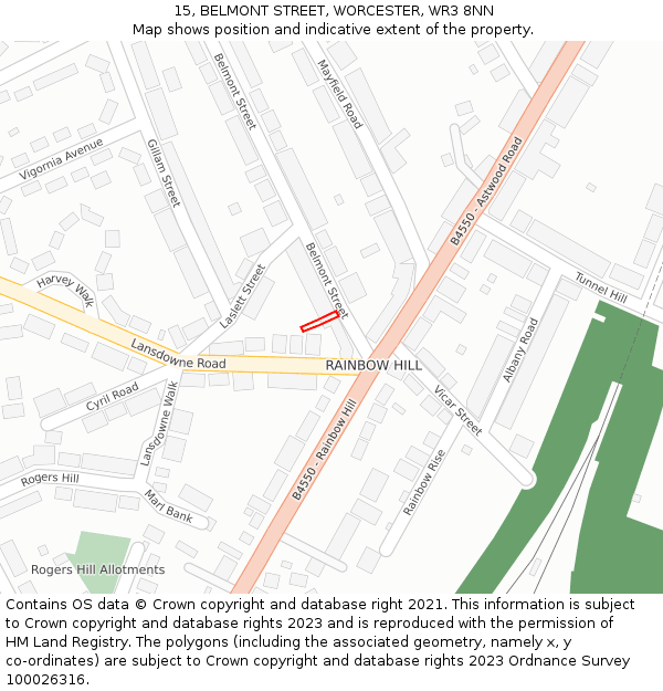 15, BELMONT STREET, WORCESTER, WR3 8NN: Location map and indicative extent of plot