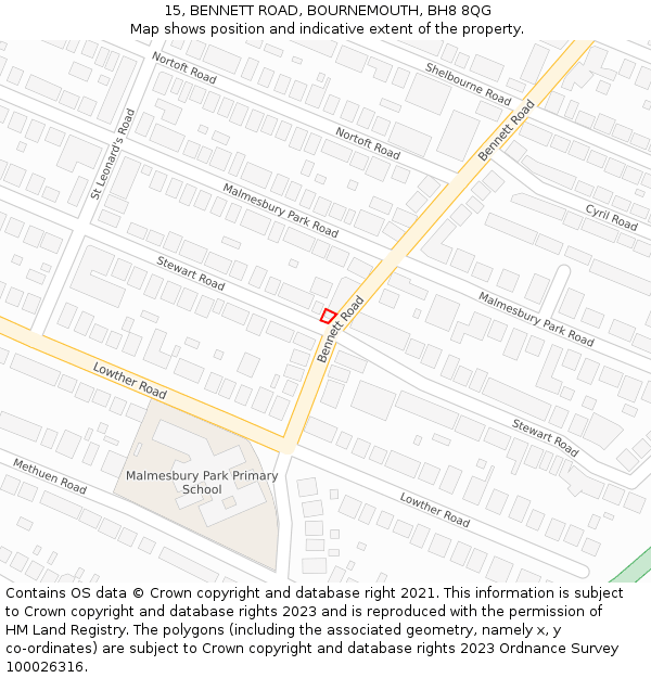 15, BENNETT ROAD, BOURNEMOUTH, BH8 8QG: Location map and indicative extent of plot
