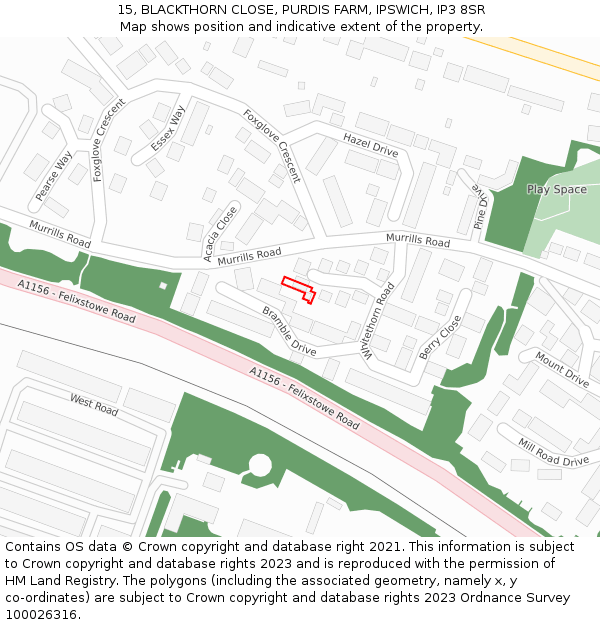 15, BLACKTHORN CLOSE, PURDIS FARM, IPSWICH, IP3 8SR: Location map and indicative extent of plot