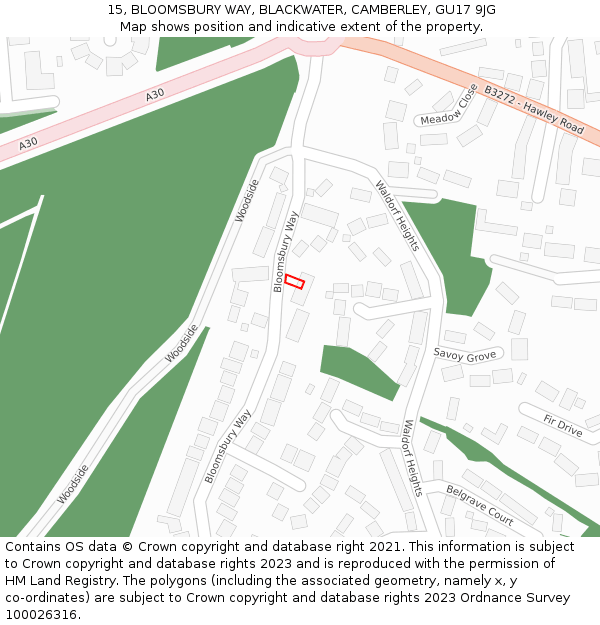 15, BLOOMSBURY WAY, BLACKWATER, CAMBERLEY, GU17 9JG: Location map and indicative extent of plot