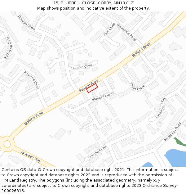 15, BLUEBELL CLOSE, CORBY, NN18 8LZ: Location map and indicative extent of plot