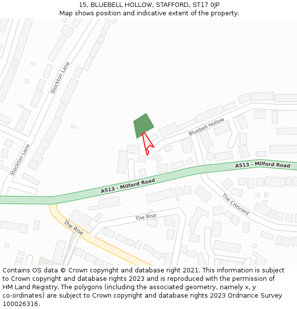 15, BLUEBELL HOLLOW, STAFFORD, ST17 0JP: Location map and indicative extent of plot