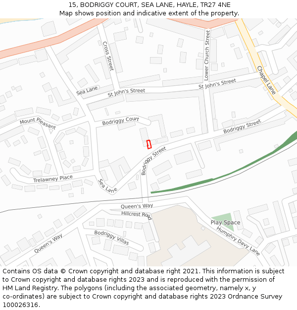 15, BODRIGGY COURT, SEA LANE, HAYLE, TR27 4NE: Location map and indicative extent of plot