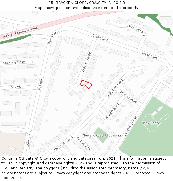 15, BRACKEN CLOSE, CRAWLEY, RH10 8JR: Location map and indicative extent of plot