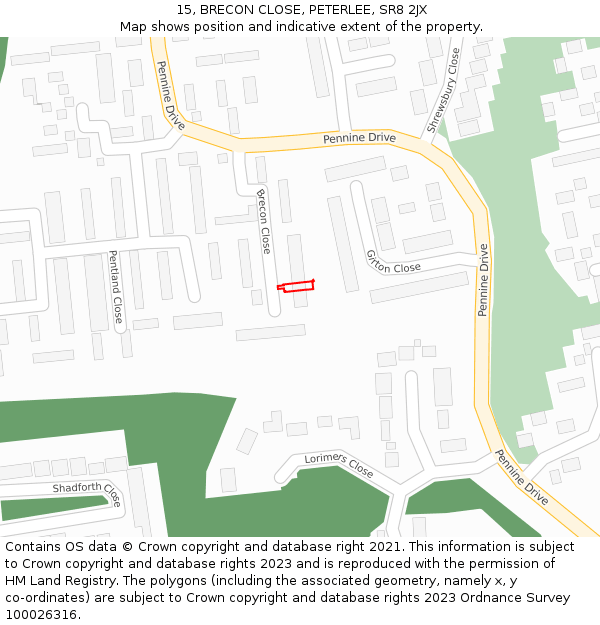 15, BRECON CLOSE, PETERLEE, SR8 2JX: Location map and indicative extent of plot