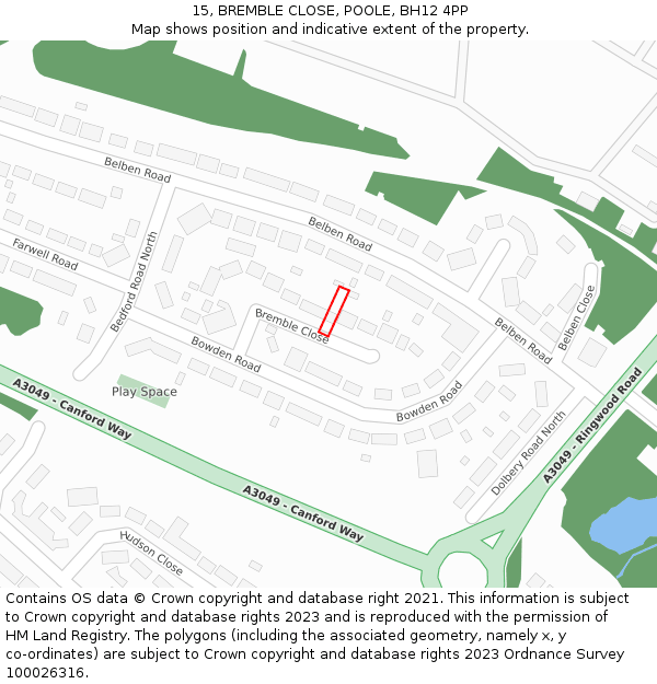 15, BREMBLE CLOSE, POOLE, BH12 4PP: Location map and indicative extent of plot