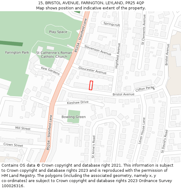 15, BRISTOL AVENUE, FARINGTON, LEYLAND, PR25 4QP: Location map and indicative extent of plot