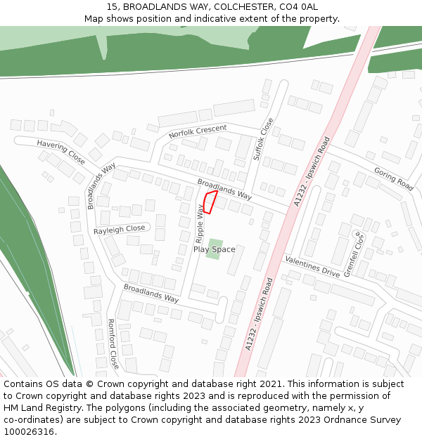 15, BROADLANDS WAY, COLCHESTER, CO4 0AL: Location map and indicative extent of plot