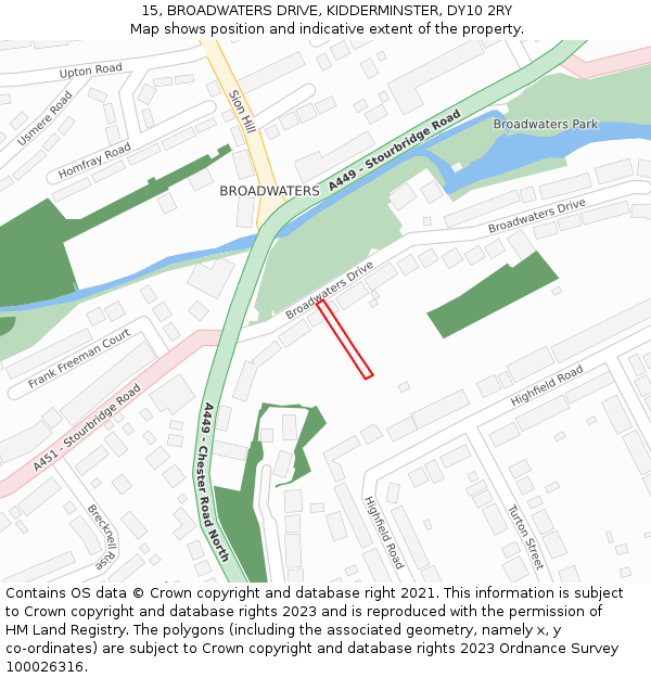 15, BROADWATERS DRIVE, KIDDERMINSTER, DY10 2RY: Location map and indicative extent of plot