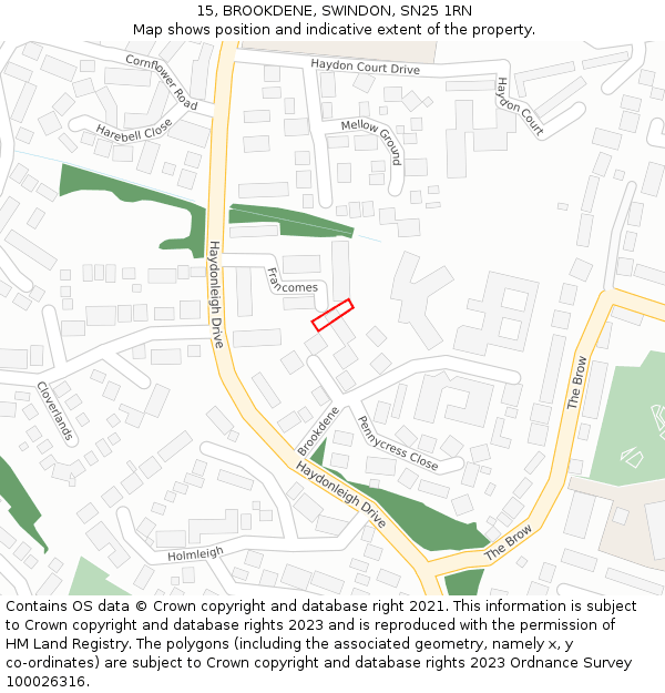 15, BROOKDENE, SWINDON, SN25 1RN: Location map and indicative extent of plot