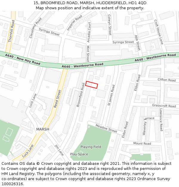 15, BROOMFIELD ROAD, MARSH, HUDDERSFIELD, HD1 4QD: Location map and indicative extent of plot