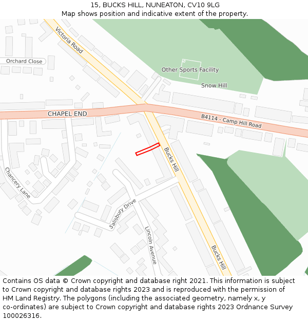 15, BUCKS HILL, NUNEATON, CV10 9LG: Location map and indicative extent of plot