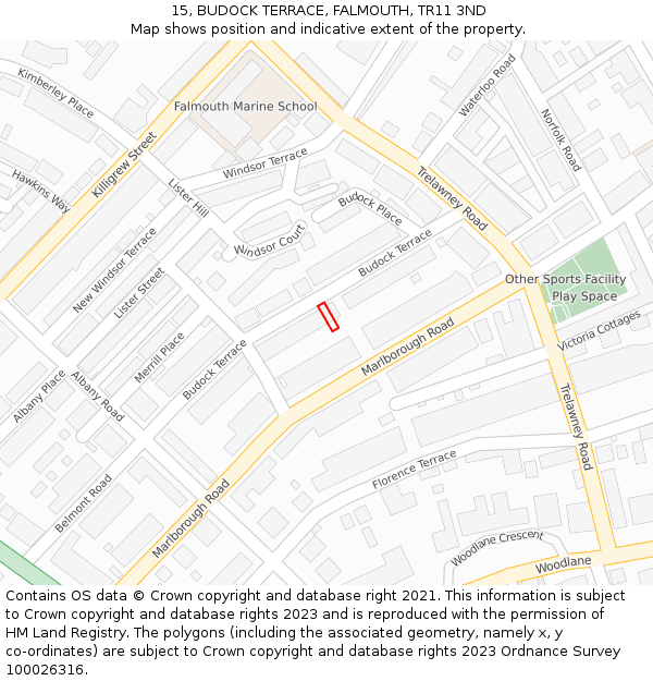 15, BUDOCK TERRACE, FALMOUTH, TR11 3ND: Location map and indicative extent of plot