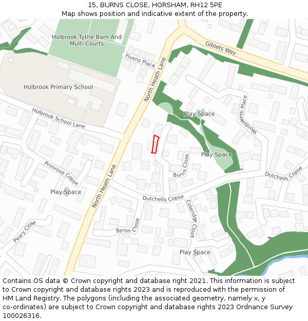 15, BURNS CLOSE, HORSHAM, RH12 5PE: Location map and indicative extent of plot
