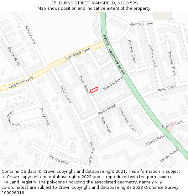 15, BURNS STREET, MANSFIELD, NG18 5PS: Location map and indicative extent of plot