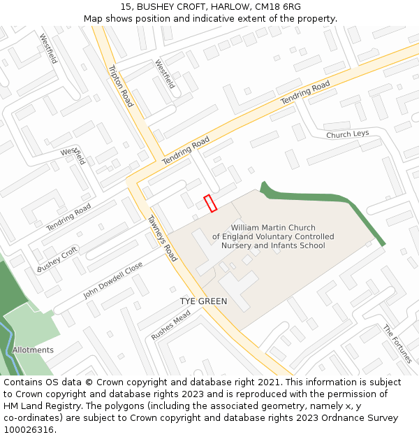 15, BUSHEY CROFT, HARLOW, CM18 6RG: Location map and indicative extent of plot