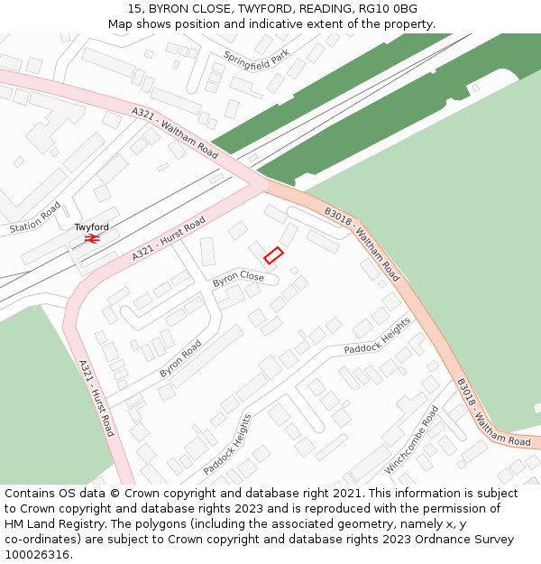 15, BYRON CLOSE, TWYFORD, READING, RG10 0BG: Location map and indicative extent of plot