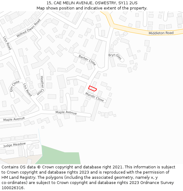15, CAE MELIN AVENUE, OSWESTRY, SY11 2US: Location map and indicative extent of plot