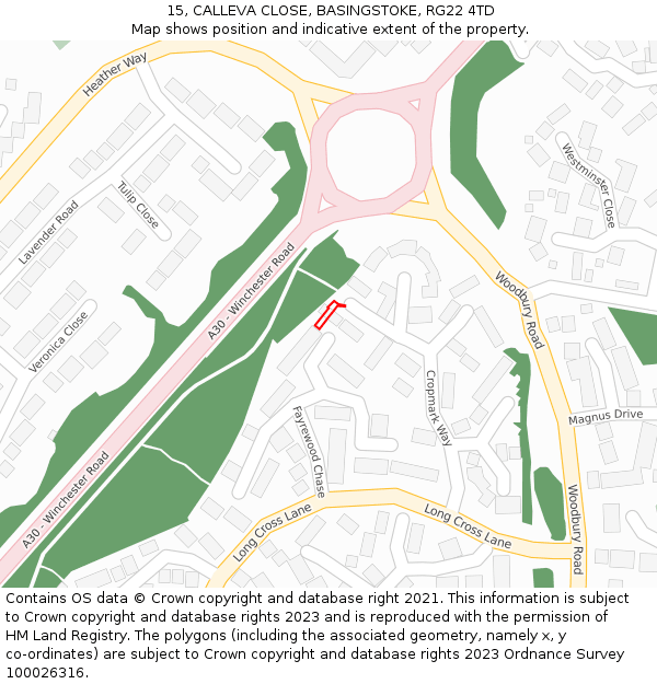 15, CALLEVA CLOSE, BASINGSTOKE, RG22 4TD: Location map and indicative extent of plot