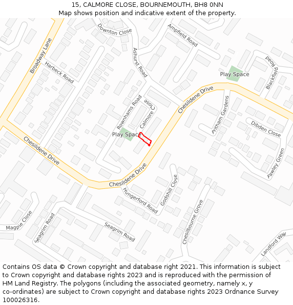 15, CALMORE CLOSE, BOURNEMOUTH, BH8 0NN: Location map and indicative extent of plot