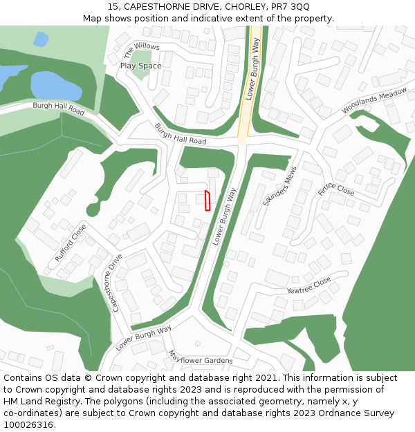 15, CAPESTHORNE DRIVE, CHORLEY, PR7 3QQ: Location map and indicative extent of plot