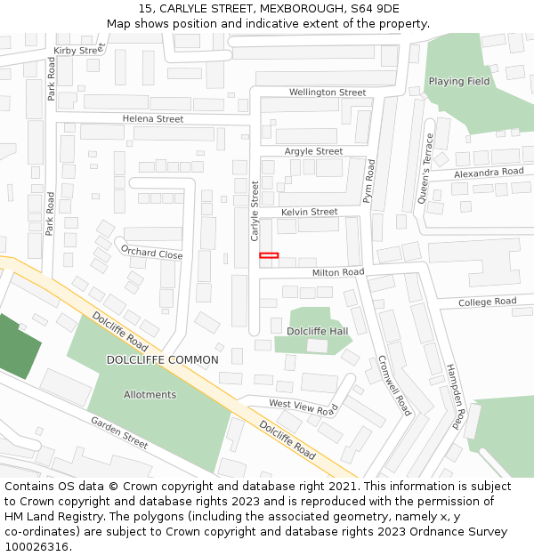 15, CARLYLE STREET, MEXBOROUGH, S64 9DE: Location map and indicative extent of plot