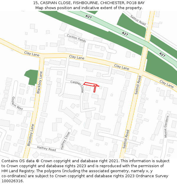 15, CASPIAN CLOSE, FISHBOURNE, CHICHESTER, PO18 8AY: Location map and indicative extent of plot