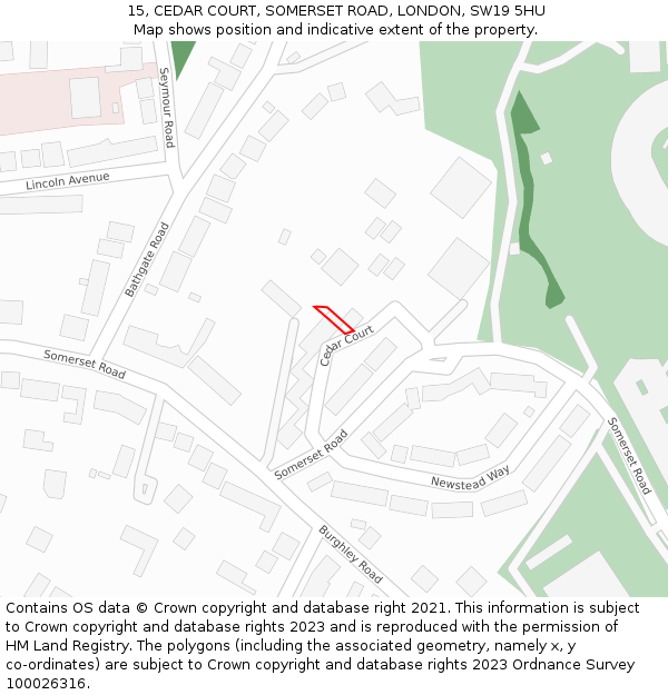 15, CEDAR COURT, SOMERSET ROAD, LONDON, SW19 5HU: Location map and indicative extent of plot