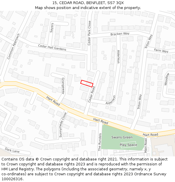 15, CEDAR ROAD, BENFLEET, SS7 3QX: Location map and indicative extent of plot