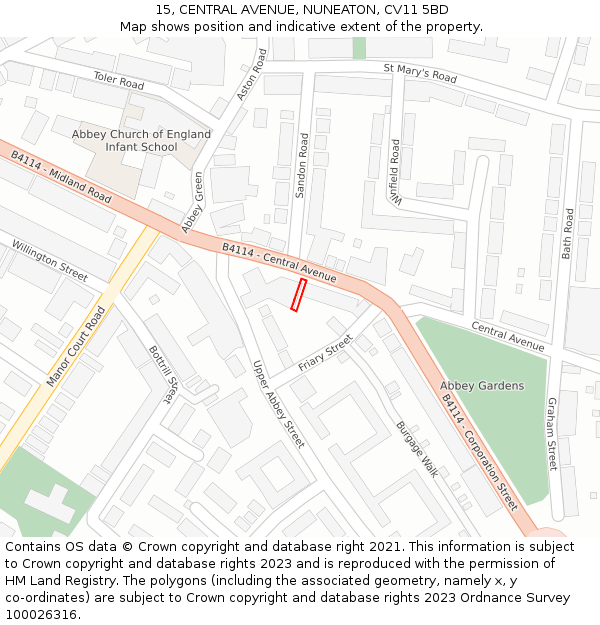 15, CENTRAL AVENUE, NUNEATON, CV11 5BD: Location map and indicative extent of plot