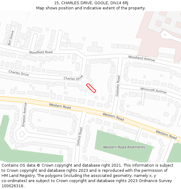 15, CHARLES DRIVE, GOOLE, DN14 6RJ: Location map and indicative extent of plot
