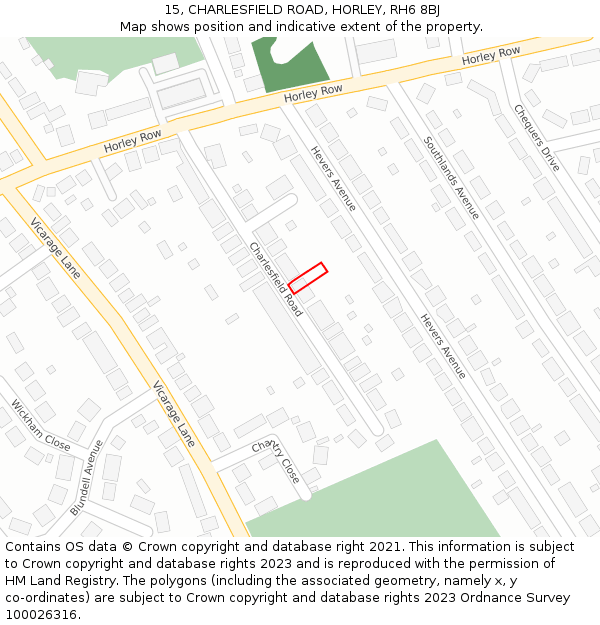 15, CHARLESFIELD ROAD, HORLEY, RH6 8BJ: Location map and indicative extent of plot