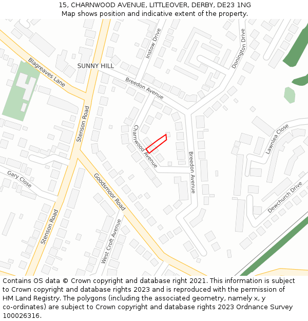 15, CHARNWOOD AVENUE, LITTLEOVER, DERBY, DE23 1NG: Location map and indicative extent of plot