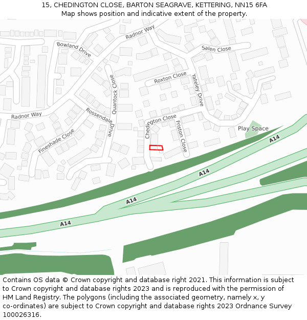 15, CHEDINGTON CLOSE, BARTON SEAGRAVE, KETTERING, NN15 6FA: Location map and indicative extent of plot