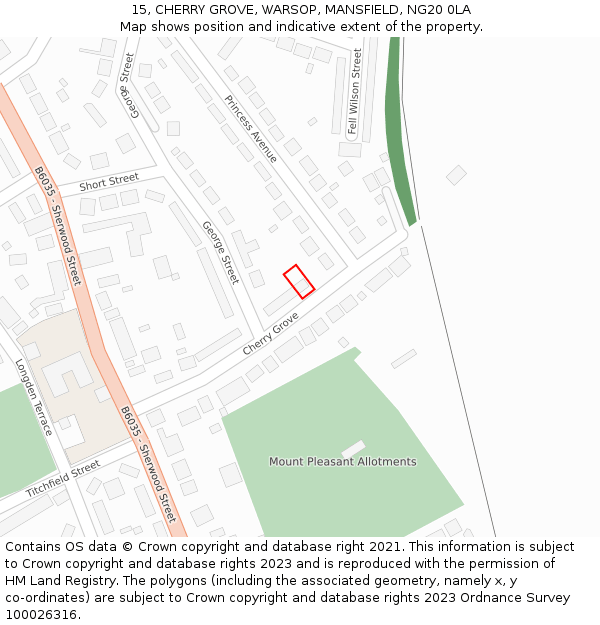 15, CHERRY GROVE, WARSOP, MANSFIELD, NG20 0LA: Location map and indicative extent of plot