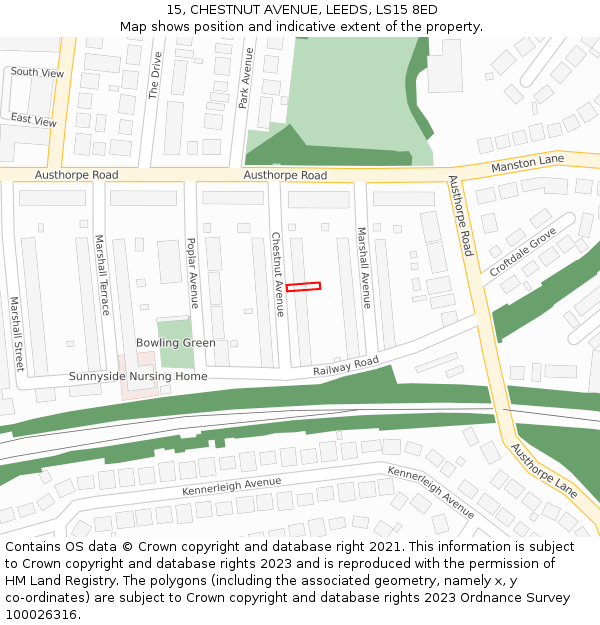 15, CHESTNUT AVENUE, LEEDS, LS15 8ED: Location map and indicative extent of plot