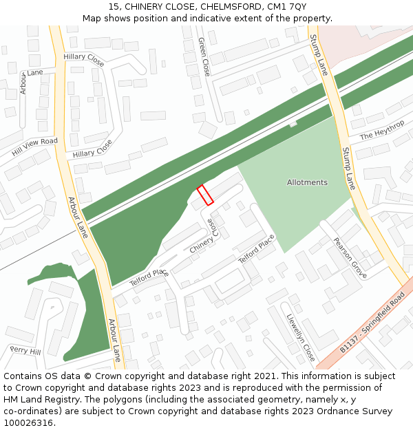 15, CHINERY CLOSE, CHELMSFORD, CM1 7QY: Location map and indicative extent of plot